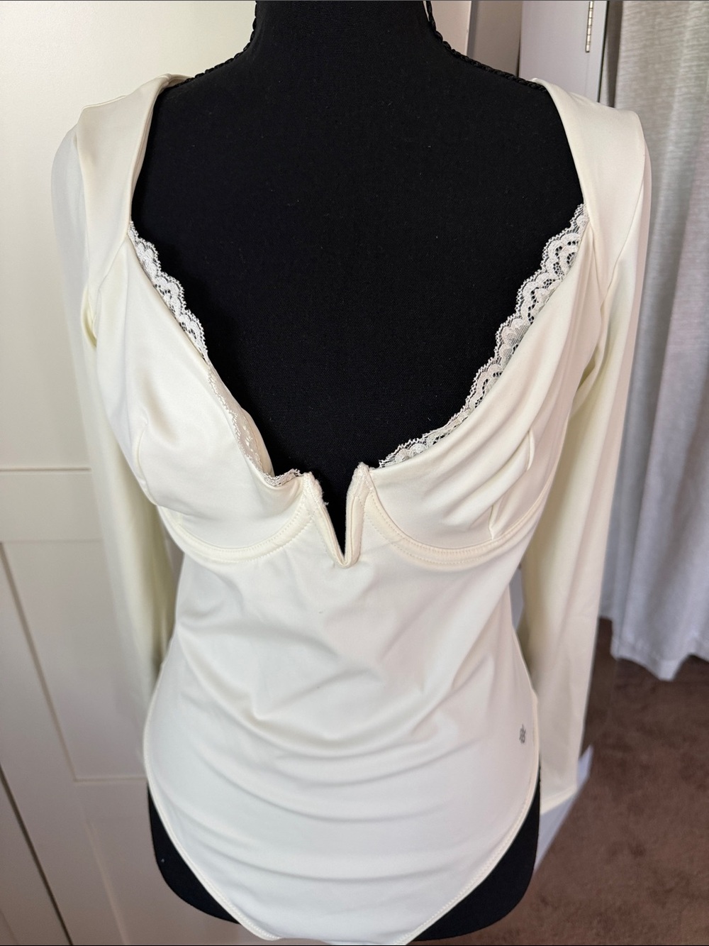 Long-Sleeve Lace-Trim Bodysuit in Cream